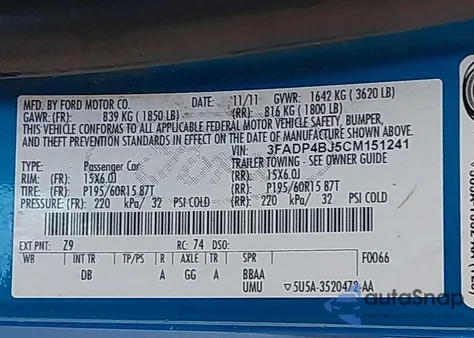 2012 Ford Fiesta Se z USA, uszkodzony, nr VIN 3FADP4BJ5CM151241